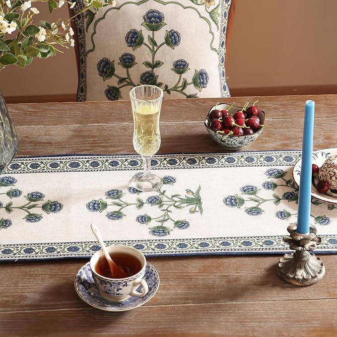 patdrea Designer Blue Rustic Elegant Floral Patterned Linen Table Runner 87 - Image 4