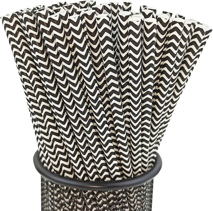 YAOSHENG Premium Disposable Waves Striped Drinking Paper Straws, Pack 100 Black by YAOSHENG