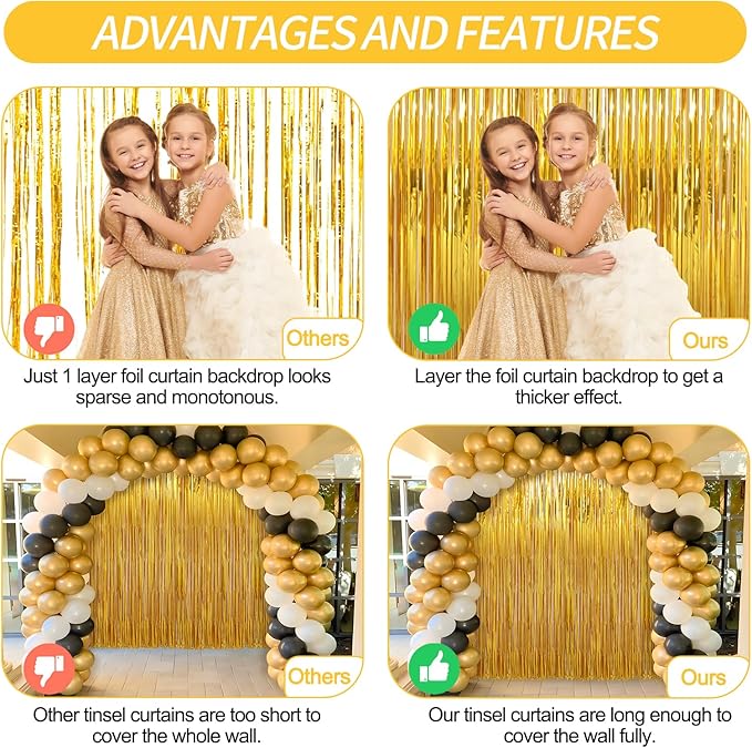 2 Pack Gold Foil Fringe Curtains Streamers Party Decorations 3.3 x 8.2 ft - Image 3