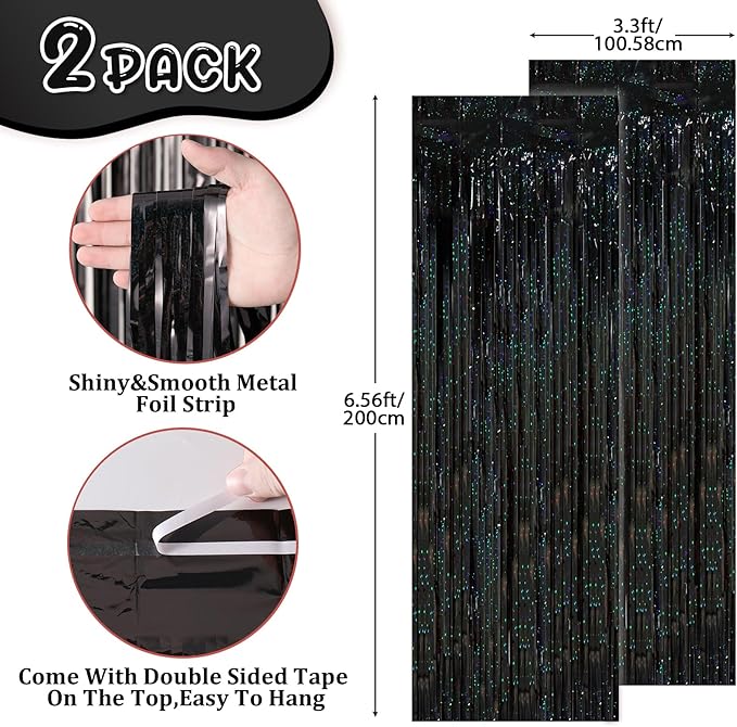 2 Pack Laser Black Tinsel Foil Fringe Curtains, Metallic Tinsel Party Streamers - Image 4