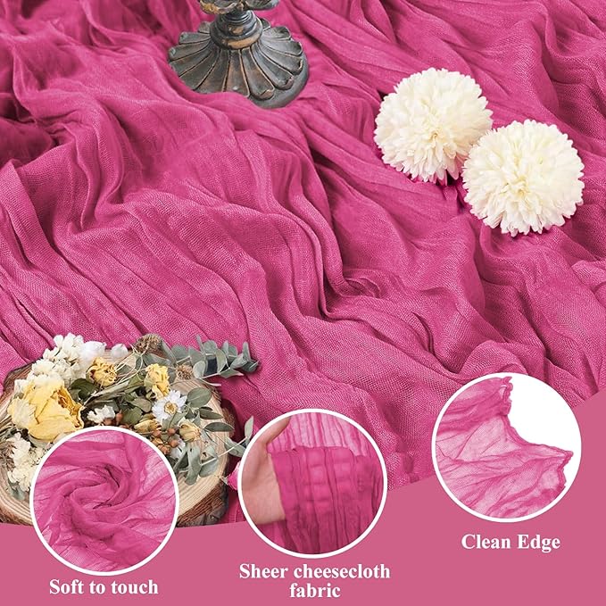 Asee'm 3pcs Cheesecloth Table Runner 120 Inches Long Deep Pink Boho Gauze - Image 3