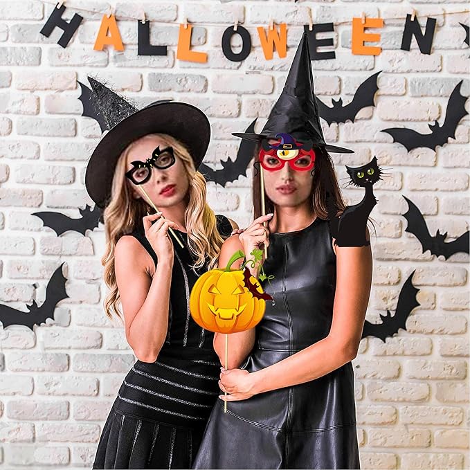 30 Pcs Halloween Photo Booth Props, Pumpkin Ghost Skull Mask Witch Hat Party - Image 7