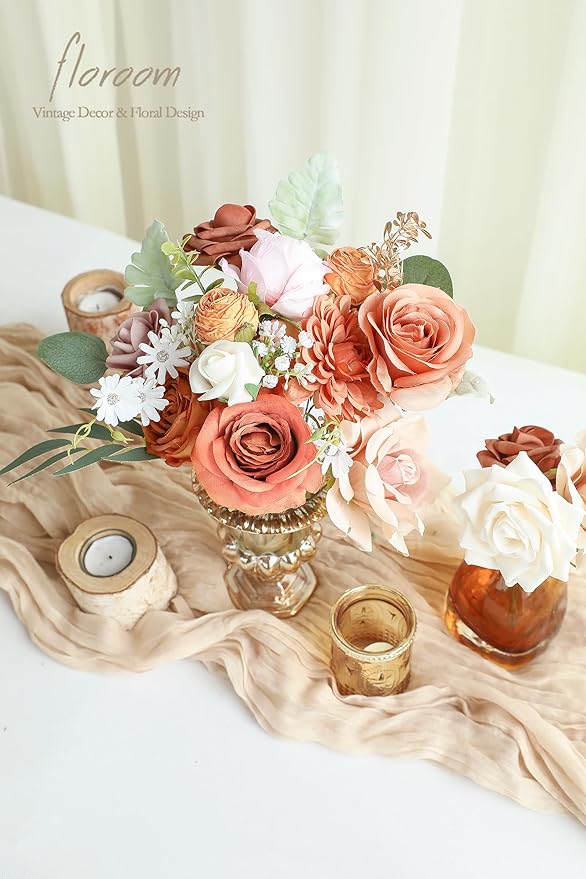 Floroom Terracotta Artificial Flowers Burnt Orange Fake Roses Peonies Dahlias - Image 3