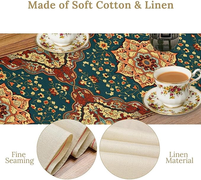 Boho Rich Table Runner, Vintage Blue Teal Gold Retro Flower Rustic Country - Image 8