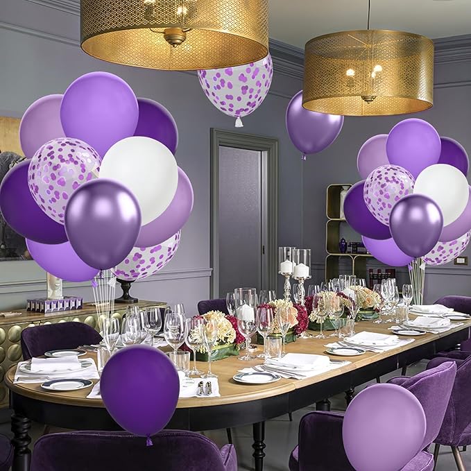 FunHot 60 Pcs Purple Balloons, 12 Inch Metallic Purple Confetti Balloons - Image 6