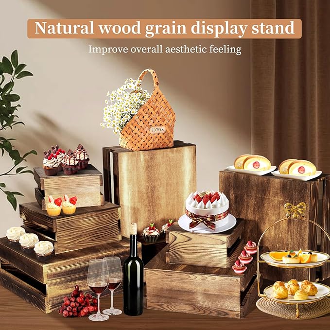 8 Pcs Buffet Risers with Mini Signs, Rustic Wood Cake Stands, Food Risers - Image 7
