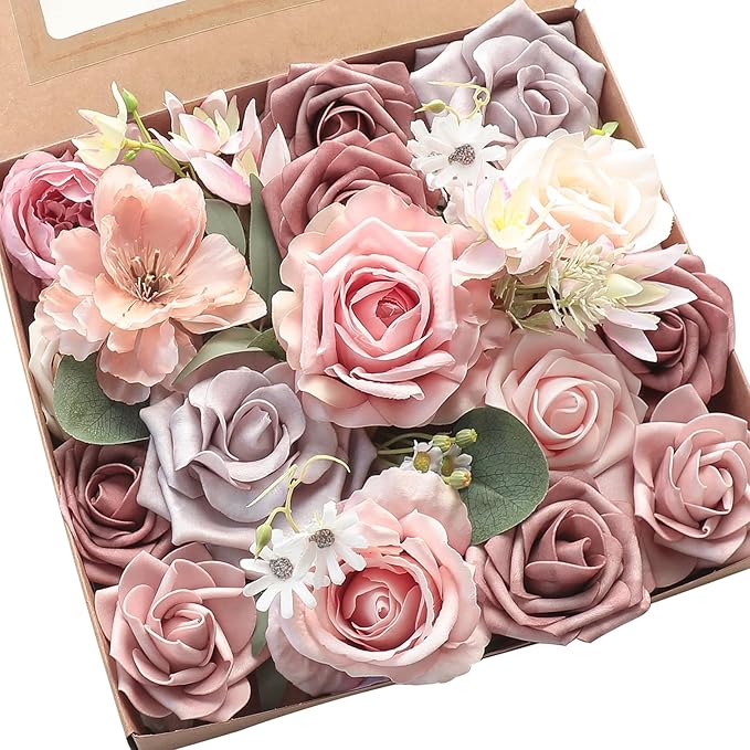 Floroom Dusty Rose Artificial Flowers Fake Roses Peonies and Greenery Combo Box by Floroom