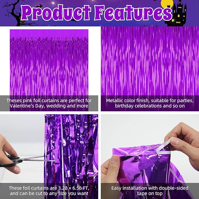 5 Pack Purple Backdrop Tinsel Streamers Foil Fringe Backdrop Halloween Party - Image 4