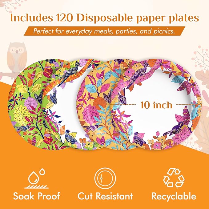 MUCHII 10 Inch Paper Plates 120 Count, Elegant Floral Bird Design Disposable - Image 2