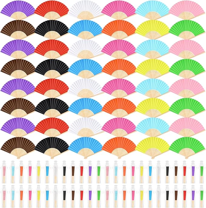 48 Pieces Hand Held Bamboo Folding Fans Paper Fans Handheld by Bringsparkletoeverydaylife