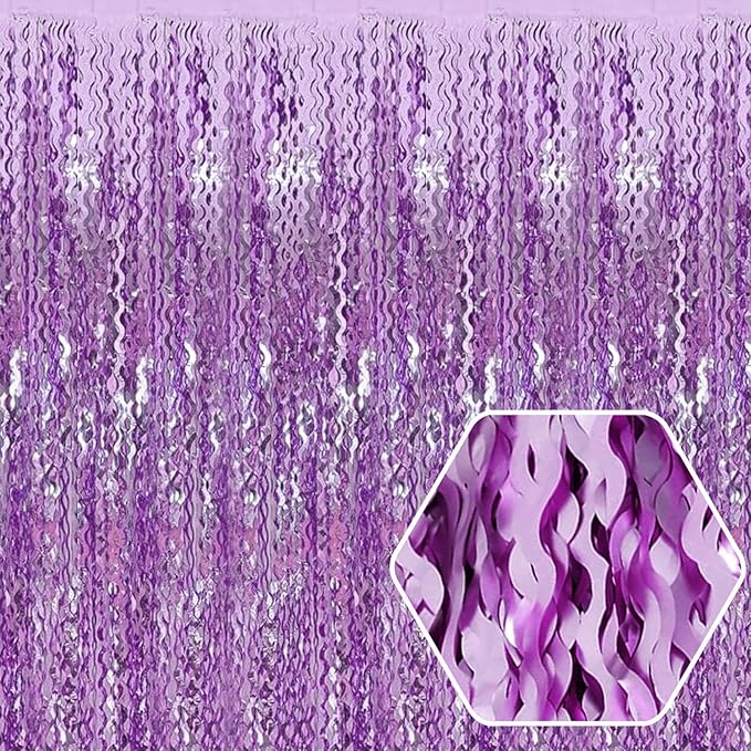 4 Pack Light Purple Wave Foil Fringe Curtain Backdrop, 3.28Ft x 8.2Ft Metallic by Ferwzsr