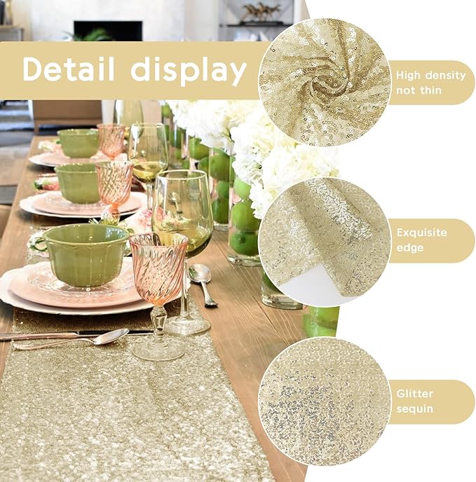 6 Packs 12 x 72 inches Sequin Table Runner, Champagne Glitter Table Runner - Image 5
