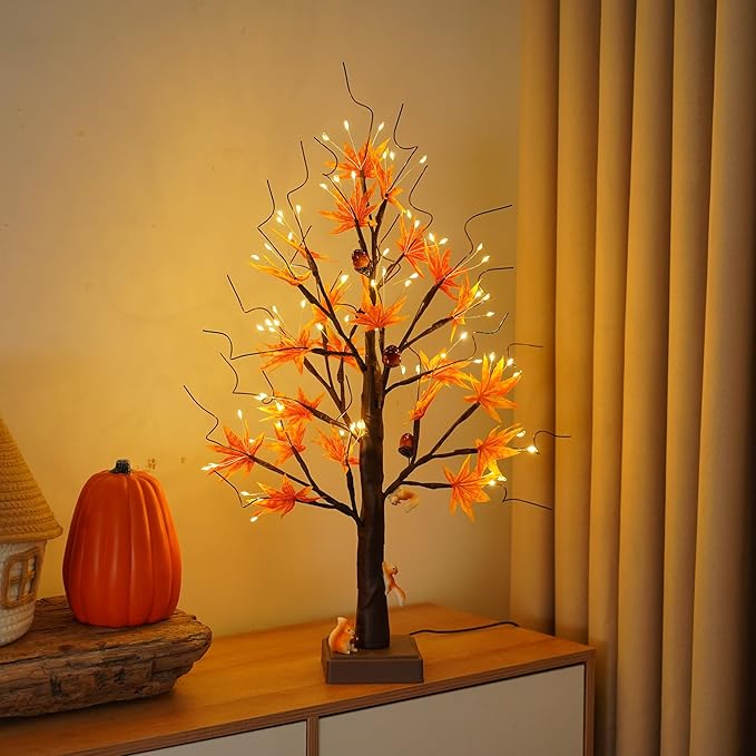 24” 72 LED Fall Decorations for Home, Birch Tree Lighted Fall Maple Leaves by PXBNIUYA