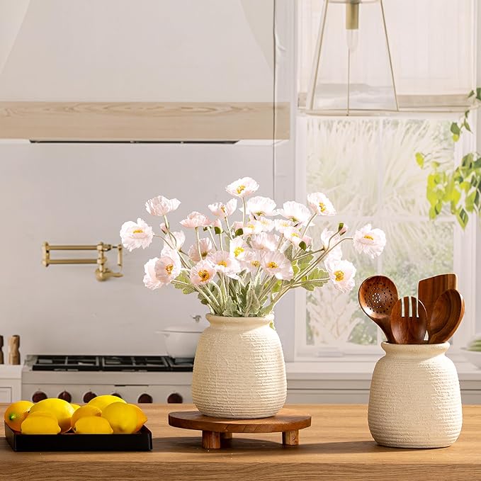 Ceramic Flower Vase, 7.48 Inch White Rustic Farmhouse Decorative Vase Pottery - Image 4