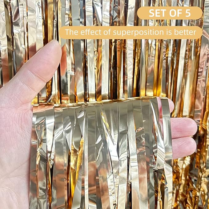 5 Pack Champagne Gold Fringe Curtains - Image 2