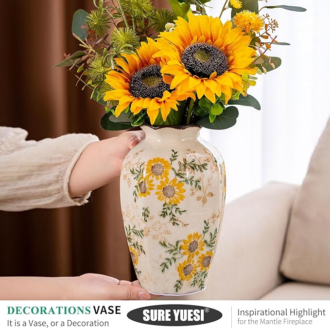 Hand-Painted Sunflower Vintage Ceramic Octagonal Vase, Fireplace Mantle - Image 2