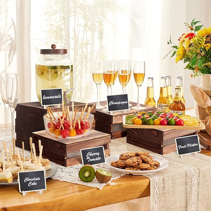8 Pcs Buffet Risers with Mini Signs, Rustic Wood Cake Stands, Food Risers - Image 2