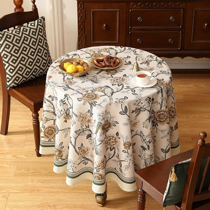 ISAENNE Designer Vintage Linen Small Round Table Cloth, Floral and Bird Pattern - Image 6