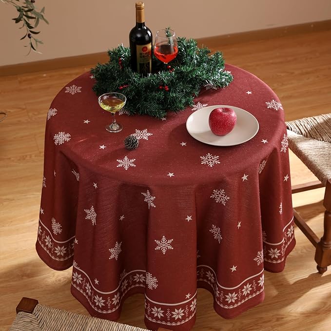 ISAENNE Designer Christmas Red Round Tablecloth, Linen Table Cloth - Image 6
