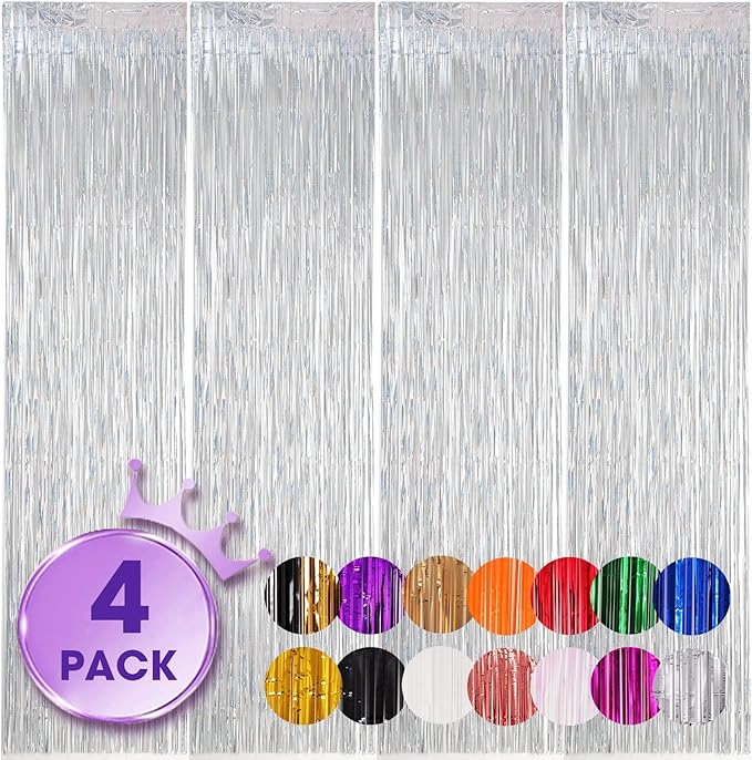 4 Pack Laser Silver Foil Fringe Backdrop Curtains, Tinsel Streamers Birthday - Image 8