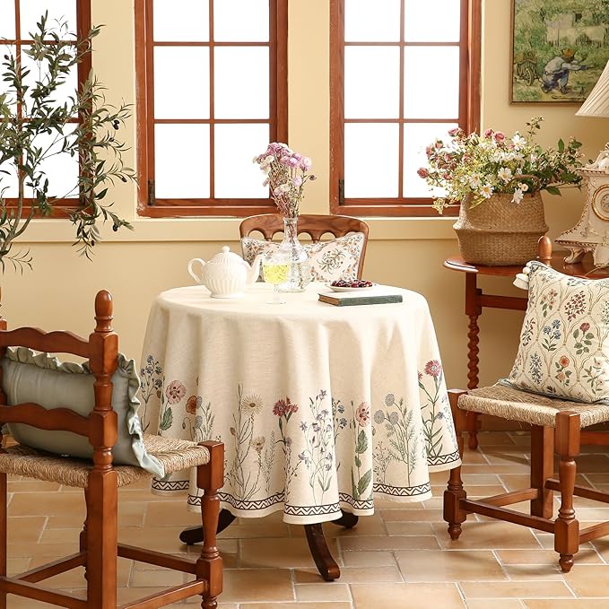 ISAENNE Designer Off White Linen Round Tablecloth, Floral Elegant Table Cloth - Image 2