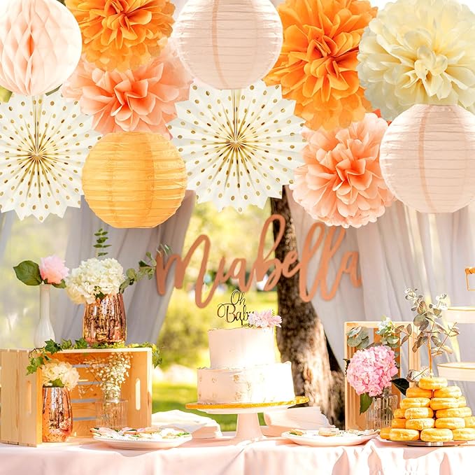 Beige-Orange Peach Fall Party-Decorations Paper-Lanterns- 14pcs Autumn - Image 3