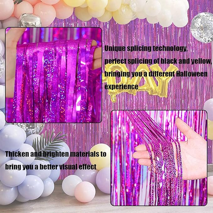 4 Pack Fuchsia Tinsel Foil Fringe Curtain Backdrop, 3.28Ft x 8.2Ft Metallic - Image 3