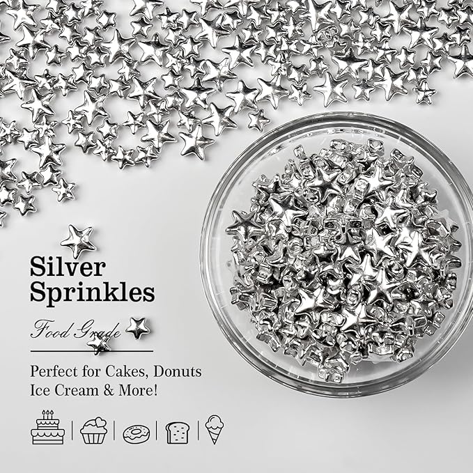 Silver Sprinkles for Cake Decorating, Star Candy Sugar, Mix Size, 150g/5.29oz - Image 3