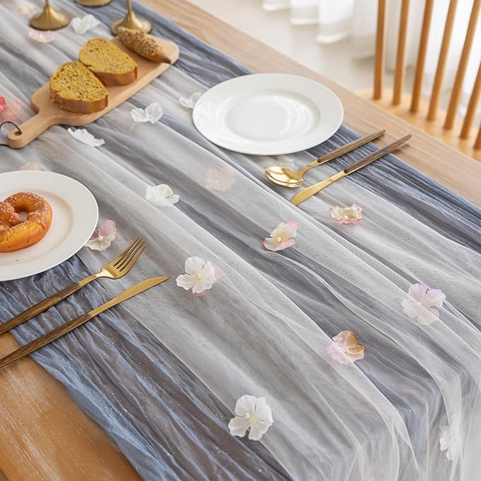 Romantic Artificial Floral Table Runner 10ft Gauze Tulle Lace Table Runner Set - Image 4