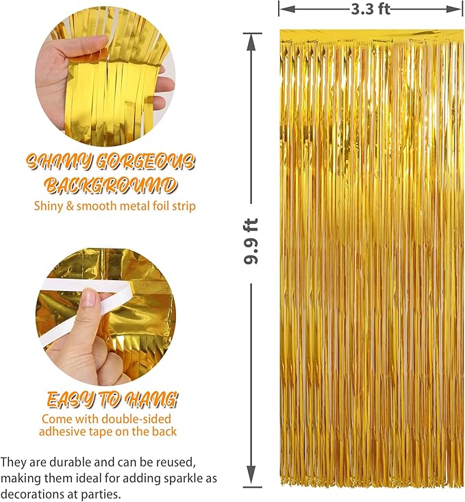Crosize 3 Pack 3.3 x 9.9 ft Gold Foil Fringe Glitter Curtains Party Decorations - Image 5