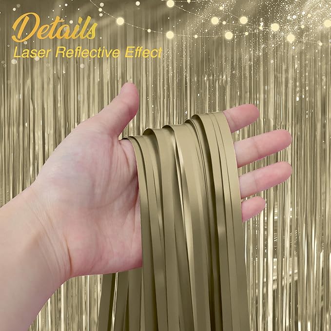 2 Pack Metallic Champagne Gold Fringe Backdrop, 3.2x8.2ft Shining Foil Tinsel - Image 3