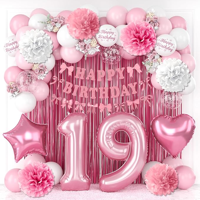 19th Birthday Decorations for Girls Pink Number 19 Balloon Bow Coquette Happy by KAINSY