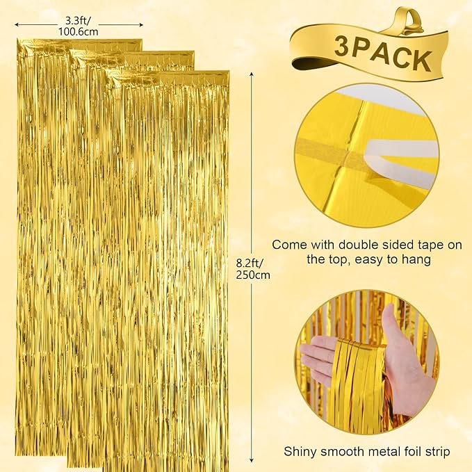 3 Pack 3.3x8.2 Feet Gold Foil Fringe Backdrop Curtains, Tinsel Streamers - Image 3