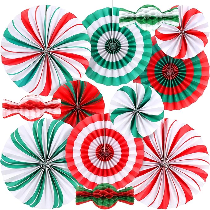 12 PCS Candy Hanging Paper Fans Christmas Candy Decorations Red Green White by Unknown