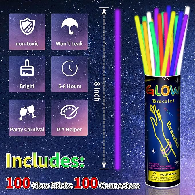 100 Pack 8” Glow Sticks Bulk - Image 2