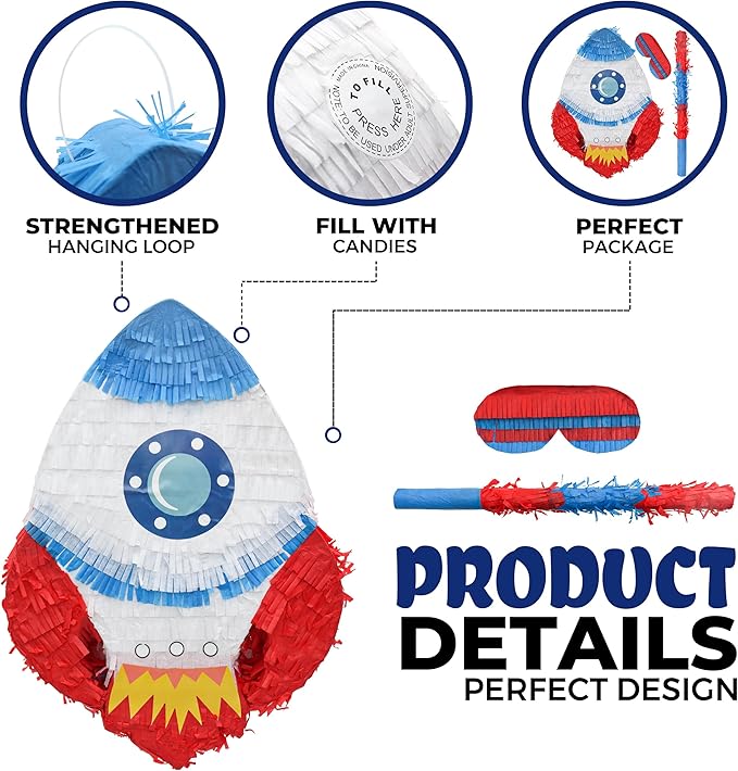 Rocket Pinatas Bundle with a Blindfold and Bat, Space Theme Birthday, Decoration - Image 3