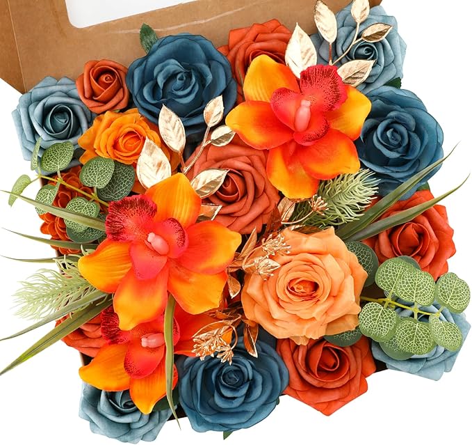 Floweroyal Artificial Flowers Combo Orange Flowers Mix Silk Flowers Fake Roses by FloweroyalCrafts
