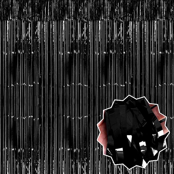 3 Pack Black Foil Fringe Curtains Backdrop, 3.28 x 9.8 Ft Metallic Streamers by LANTIANCHEN