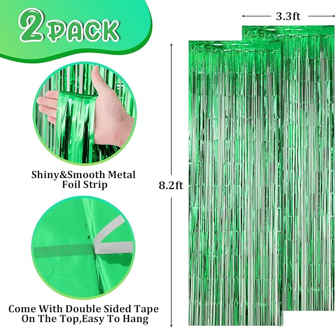 2 Pack Green Foil Fringe Backdrop Curtains, Tinsel Streamers Birthday Party - Image 3