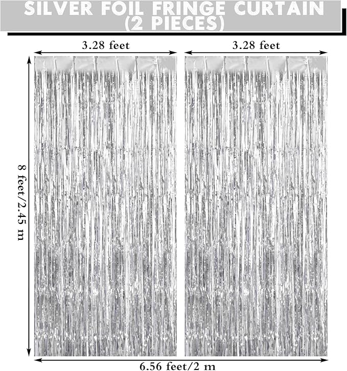 2 Pack Silver Fringe Curtains Foil Shiny Fringe Backdrop Tinsel Door Streamers - Image 2