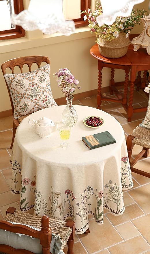 ISAENNE Designer Off White Linen Round Tablecloth, Floral Elegant Table Cloth - Image 6