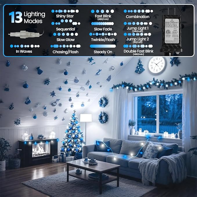 43FT Connectable String Lights Indoor Outdoor | 100LED Blue and White Globe - Image 3
