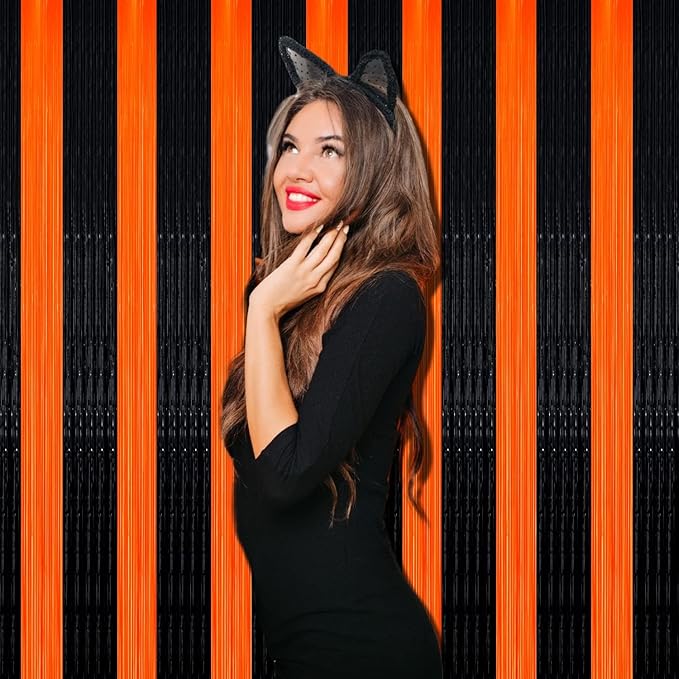 4 Pack Black Orange Foil Fringe Curtain Backdrop, 3.28Ft x 9.8Ft Metallic - Image 4