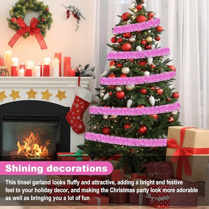 25 Feet Macaron Pink Christmas Tinsel Garland, Metallic Foil Twist Garland Wall - Image 4