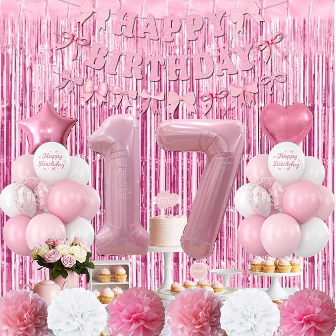 17th Birthday Decorations for Girls Pink Number 17 Balloon Bow Coquette Happy - Image 2
