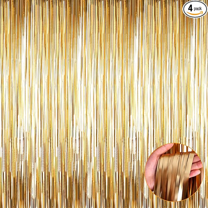 4 Pack Champagne Gold Foil Fringe Curtain Backdrop, 3.3Ft x 9.8Ft Metallic by Unknown