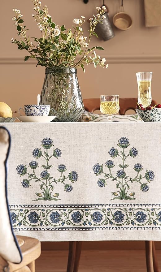 patdrea Designer Vintage Small Blue Rectangle Table Cloth, Linen Leaves Pattern - Image 5