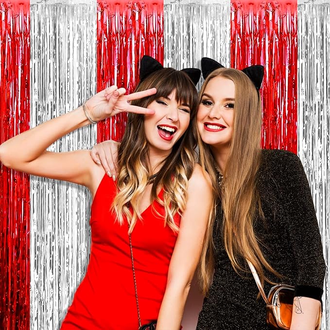4 Pack Silver Red Foil Fringe Curtain Backdrop, 3.28Ft x 9.8Ft Metallic Tinsel - Image 5