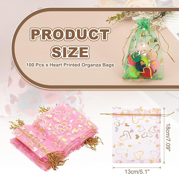 PATIKIL 100 Pcs 5x7 Inch Heart Printed Organza Bags - Image 2