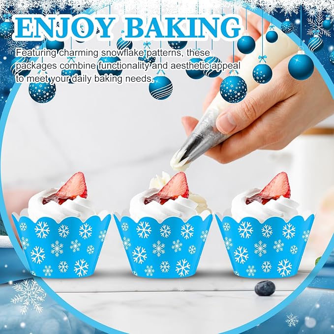 Domensi 100 Pcs Snowflake Cupcake Wrappers Blue Cupcake Liners Christmas Blue - Image 6